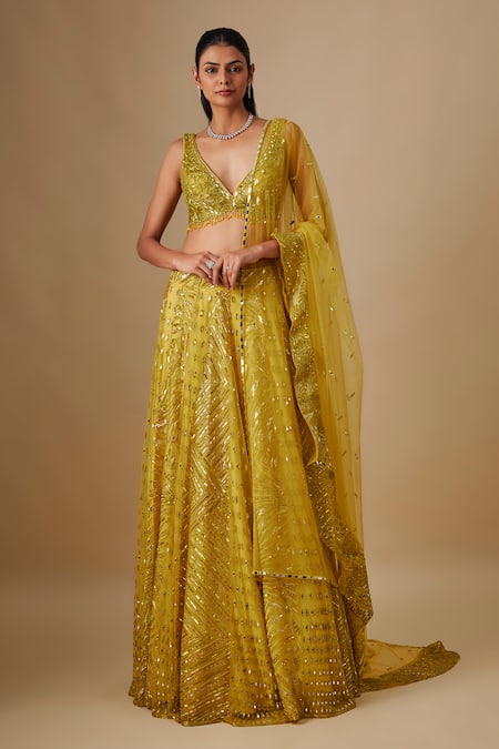Asaga Yellow Organza, Satin, Tulle, Chinon, Crepe Flurry Lehenga Blouse Set 