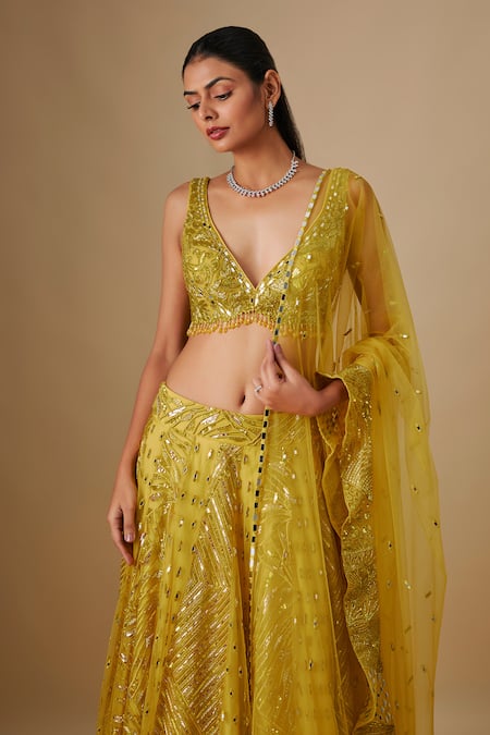 Buy_Asaga_Yellow Organza, Satin, Tulle, Chinon, Crepe Flurry Lehenga Blouse Set _Online_at_Aza_Fashions