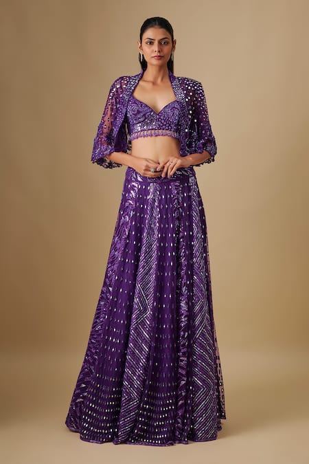 Asaga Purple Satin, Organza, Tulle, Chinon, Crepe Sequins, Sprinkle Cape Lehenga Set 