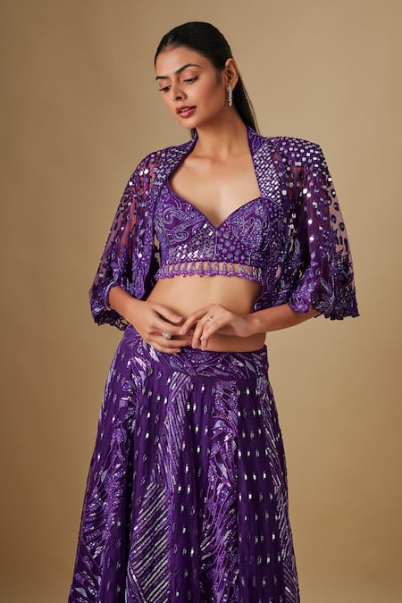 Buy Asaga Purple Satin, Organza, Tulle, Chinon, Crepe Sequins, Sprinkle Cape Lehenga Set Online at Aza Fashions Buy_Asaga_Purple Satin, Organza, Tulle, Chinon, Crepe Sequins, Sprinkle Cape Lehenga Set _Online_at_Aza_Fashions