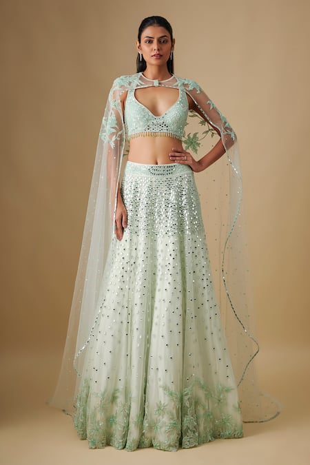 Asaga Green Satin, Organza, Tulle, Chinon, Crepe Mirrors, Thundra Lehenga Set