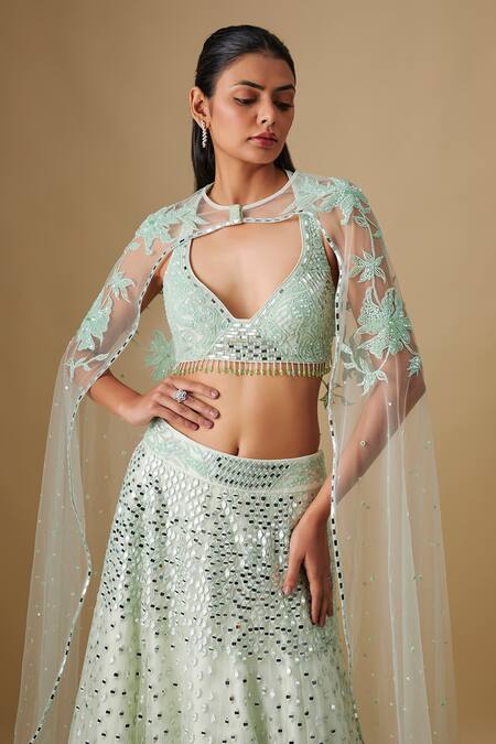 Buy Asaga Green Satin, Organza, Tulle, Chinon, Crepe Mirrors, Thundra Lehenga Set Online at Aza Fashions Buy_Asaga_Green Satin, Organza, Tulle, Chinon, Crepe Mirrors, Thundra Lehenga Set _Online_at_Aza_Fashions