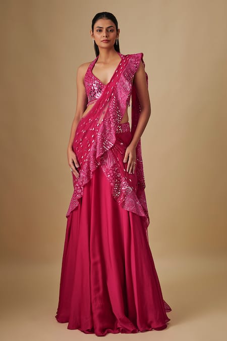Asaga Pink Satin, Chinon, Tulle Mirrors, Pluvia Fuchsia Pre-draped Saree With Blouse
