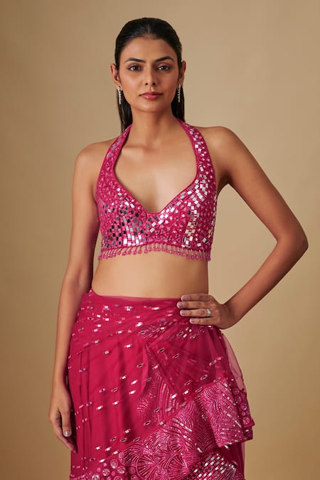 Asaga_Pink Satin, Chinon, Tulle Mirrors, Pluvia Fuchsia Pre-draped Saree With Blouse _Online_at_Aza_Fashions
