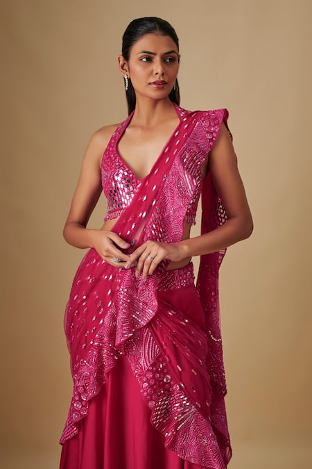 Buy_Asaga_Pink Satin, Chinon, Tulle Mirrors, Pluvia Fuchsia Pre-draped Saree With Blouse _Online_at_Aza_Fashions