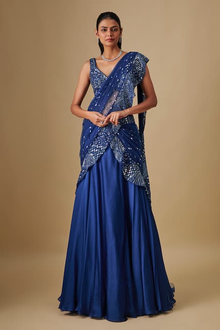 Asaga Blue Satin, Chinon, Tulle Oceana Pre-draped Saree With Zentangle Blouse