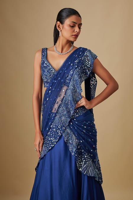 Asaga Blue Satin, Chinon, Tulle Oceana Pre-draped Saree With Zentangle Blouse Online at Aza Fashions Asaga_Blue Satin, Chinon, Tulle Oceana Pre-draped Saree With Zentangle Blouse _Online_at_Aza_Fashions