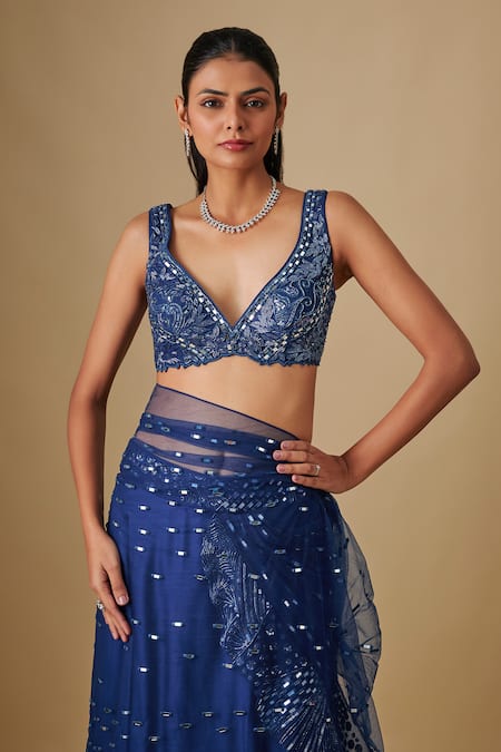 Buy Asaga Blue Satin, Chinon, Tulle Oceana Pre-draped Saree With Zentangle Blouse Online at Aza Fashions Buy_Asaga_Blue Satin, Chinon, Tulle Oceana Pre-draped Saree With Zentangle Blouse _Online_at_Aza_Fashions