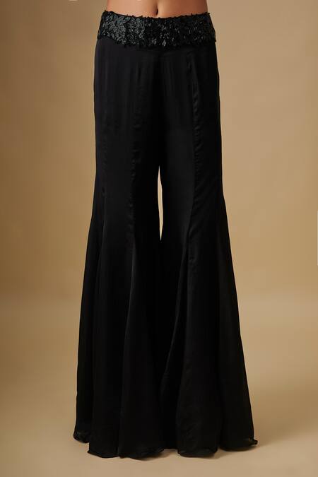 Asaga_Black Chinon, Satin Embroidery, Sequins, Beads V-neck Cape Sharara Set _Online_at_Aza_Fashions