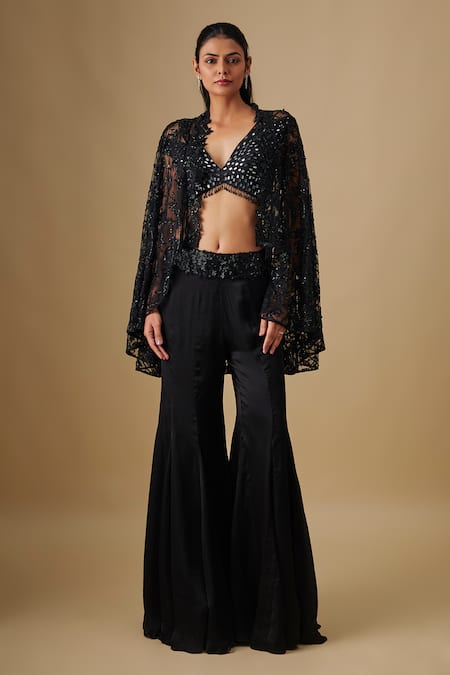 Asaga Black Chinon, Satin Embroidery, Sequins, Beads V-neck Cape Sharara Set 