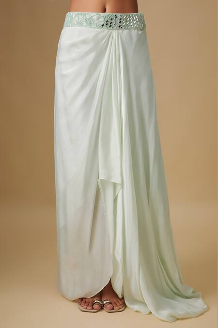 Asaga_Mint Satin, Organza, Tulle Mirrors, Beads Marlowe Embroidered Cape Skirt Set _Online_at_Aza_Fashions