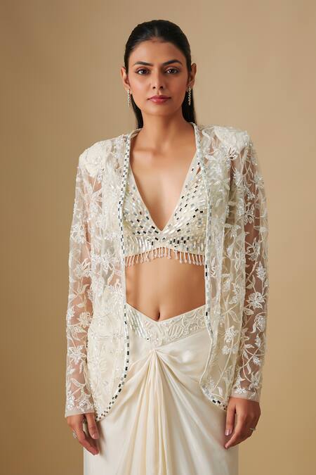 Buy_Asaga_Ivory Satin, Tulle, Crepe Embroidery, Mirrors, Beads Waverly Cape Skirt Set _Online_at_Aza_Fashions