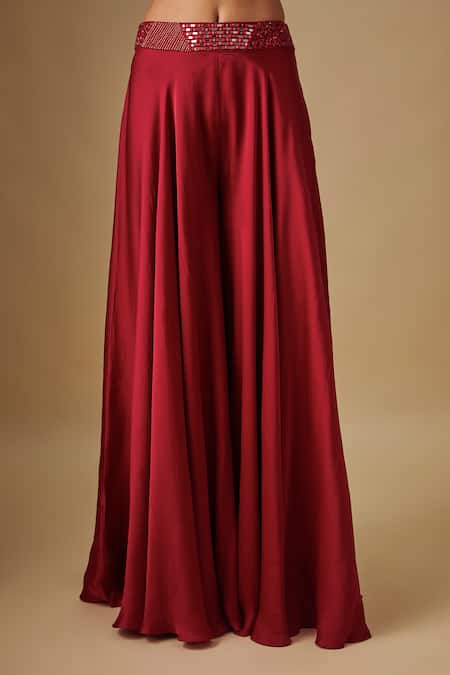 Asaga_Red Satin, Chinon, Organza, Tulle Mirrors Shelly Embroidered Cape Sharara Set _Online_at_Aza_Fashions