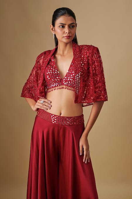 Buy_Asaga_Red Satin, Chinon, Organza, Tulle Mirrors Shelly Embroidered Cape Sharara Set _Online_at_Aza_Fashions