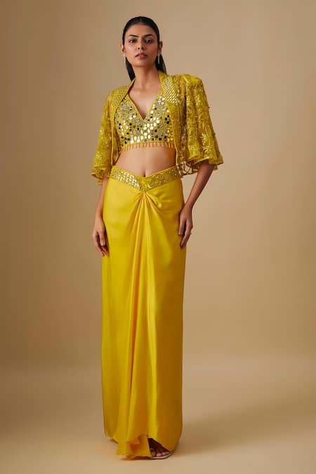 Asaga Yellow Satin, Organza, Tulle, Crepe Mirrors V-neck, Mistral Work Cape Skirt Set 