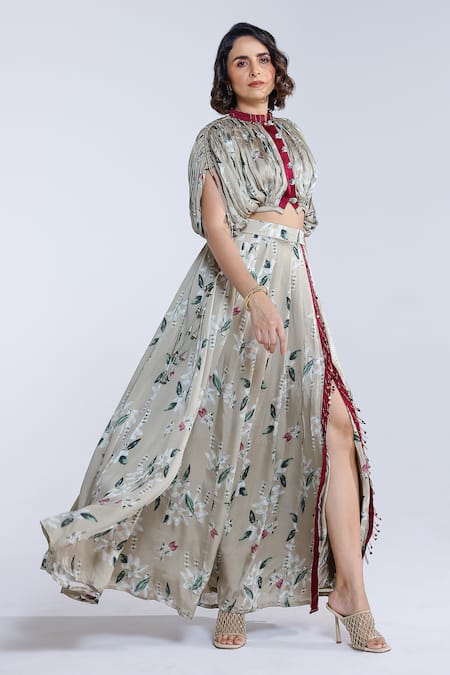 Buy_Studio Surbhi_Ivory Georgette, Satin Embroidery, Tassels Floral Pattern Jacket And Skirt Set _Online_at_Aza_Fashions