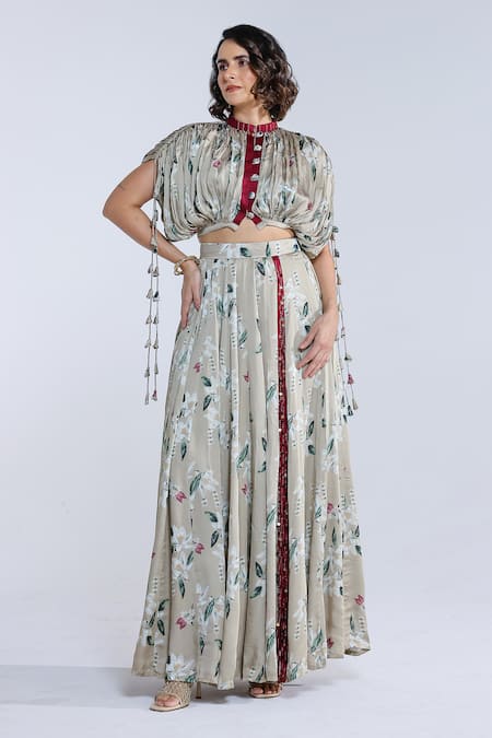 Studio Surbhi Ivory Georgette, Satin Embroidery, Tassels Floral Pattern Jacket And Skirt Set 