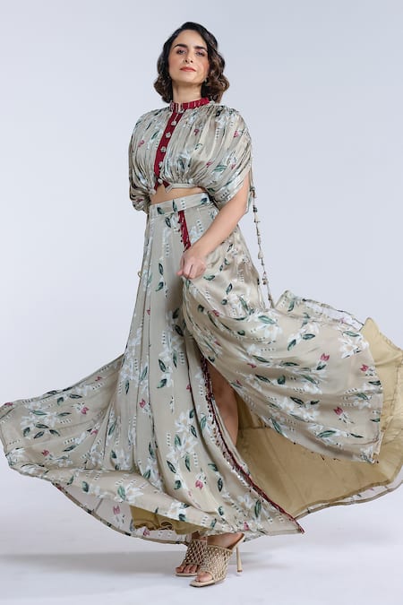 Shop_Studio Surbhi_Ivory Georgette, Satin Embroidery, Tassels Floral Pattern Jacket And Skirt Set _Online_at_Aza_Fashions