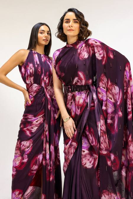 Buy_Studio Surbhi_Purple Georgette, Satin Halter Neck Draped Sleeveless Gown _Online_at_Aza_Fashions