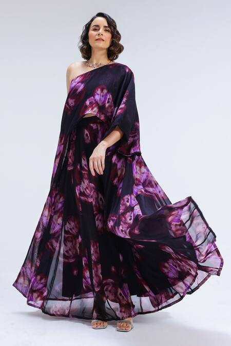 Buy_Studio Surbhi_Purple Organza One Shoulder Top And Skirt Set _Online_at_Aza_Fashions