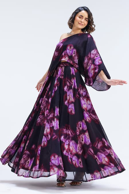 Studio Surbhi_Purple Organza One Shoulder Top And Skirt Set _at_Aza_Fashions