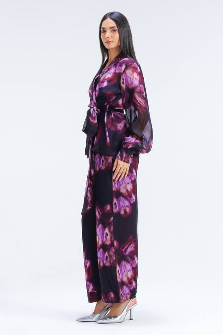 Studio Surbhi_Purple Organza Shawl Neck, Flower Pattern Jacket Shirt And Pant Set _Online_at_Aza_Fashions