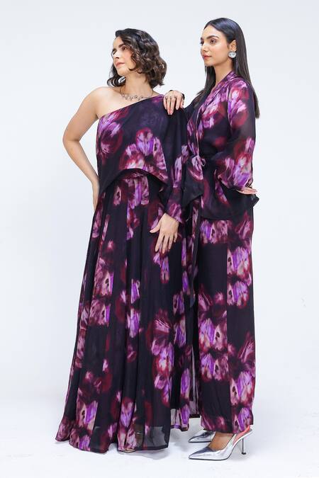 Shop_Studio Surbhi_Purple Organza Shawl Neck, Flower Pattern Jacket Shirt And Pant Set _Online_at_Aza_Fashions