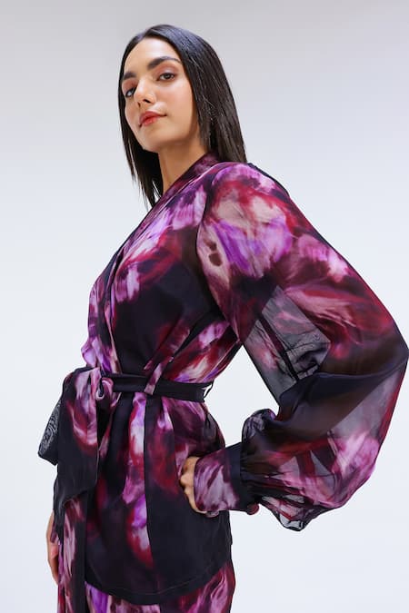 Studio Surbhi_Purple Organza Shawl Neck, Flower Pattern Jacket Shirt And Pant Set _at_Aza_Fashions