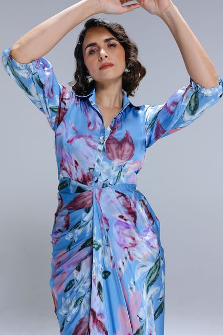 Studio Surbhi_Sky Blue Georgette, Satin Collared Draped Shirt Style Gown _Online_at_Aza_Fashions