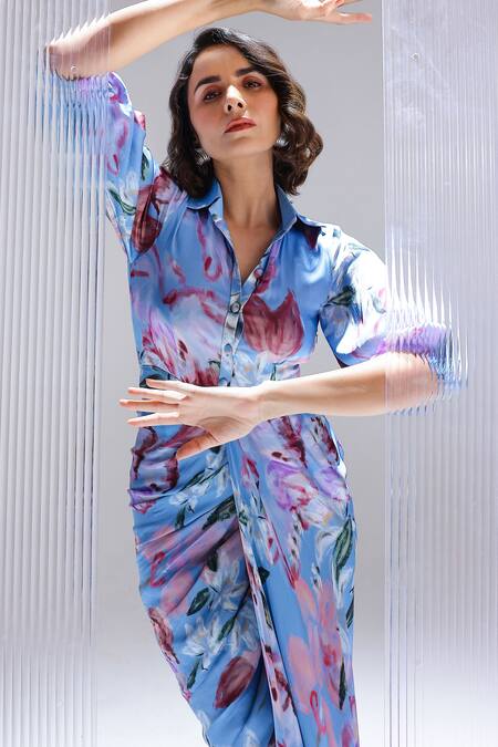 Buy_Studio Surbhi_Sky Blue Georgette, Satin Collared Draped Shirt Style Gown _Online_at_Aza_Fashions