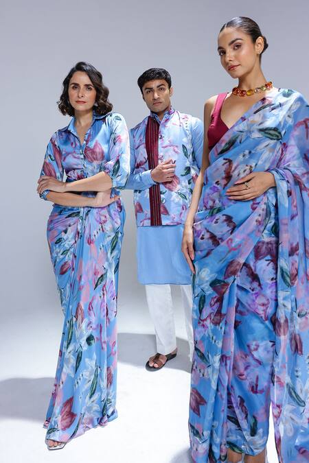 Shop_Studio Surbhi_Sky Blue Georgette, Satin Collared Draped Shirt Style Gown _Online_at_Aza_Fashions