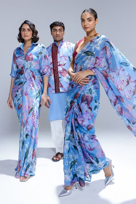 Studio Surbhi_Sky Blue Georgette, Satin Collared Draped Shirt Style Gown _at_Aza_Fashions