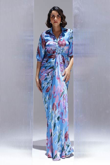 Studio Surbhi Sky Blue Georgette, Satin Collared Draped Shirt Style Gown 