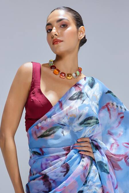 Buy_Studio Surbhi_Blue Organza V-neck Printed Saree With Blouse _Online_at_Aza_Fashions