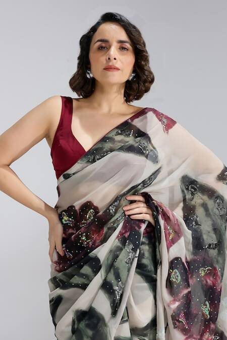 Studio Surbhi_Beige Organza Sequins, Embroidery V-neck Gardenia Print Saree With Blouse _Online_at_Aza_Fashions