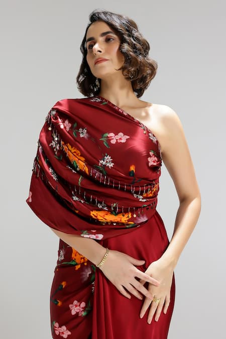 Studio Surbhi_Maroon Georgette, Satin Embroidery One Shoulder Floral Print Draped Gown _Online_at_Aza_Fashions