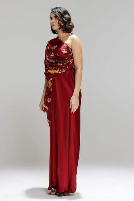 Buy_Studio Surbhi_Maroon Georgette, Satin Embroidery One Shoulder Floral Print Draped Gown _Online_at_Aza_Fashions