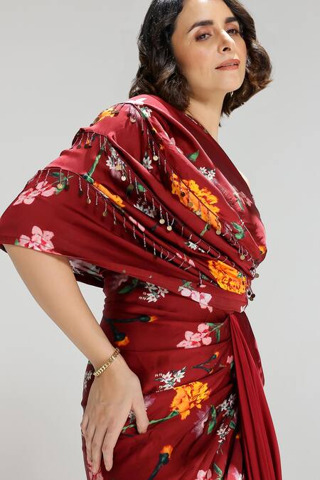Shop_Studio Surbhi_Maroon Georgette, Satin Embroidery One Shoulder Floral Print Draped Gown _Online_at_Aza_Fashions