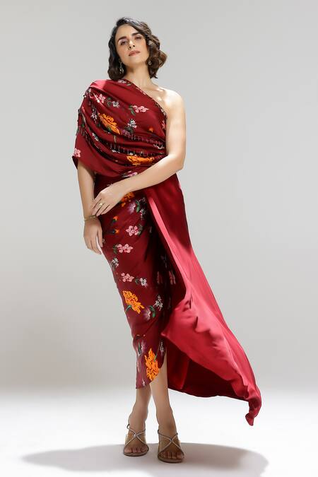 Studio Surbhi_Maroon Georgette, Satin Embroidery One Shoulder Floral Print Draped Gown _at_Aza_Fashions