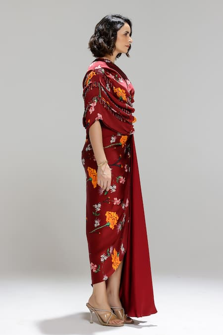 Buy_Studio Surbhi_Maroon Georgette, Satin Embroidery One Shoulder Floral Print Draped Gown 