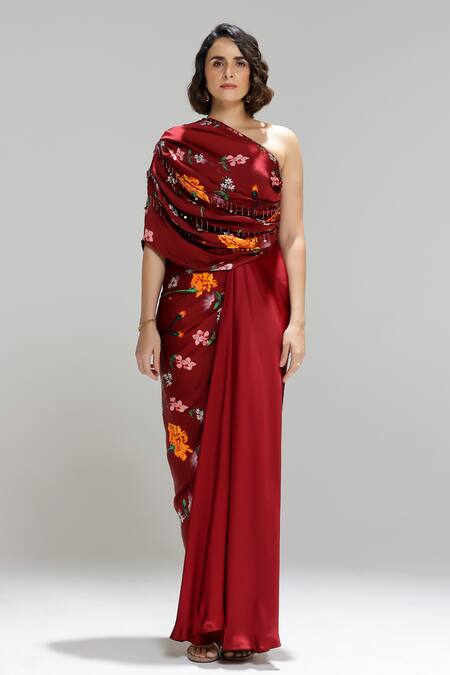 Shop_Studio Surbhi_Maroon Georgette, Satin Embroidery One Shoulder Floral Print Draped Gown 