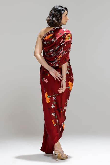Studio Surbhi Floral Print One Shoulder Draped Gown 
