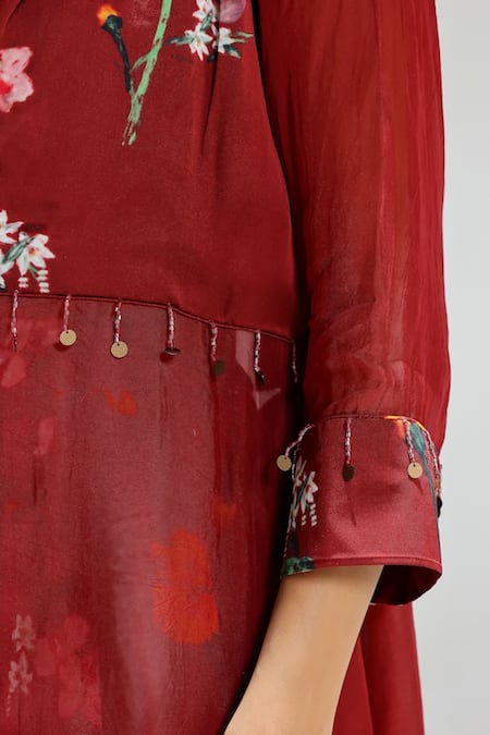 Buy_Studio Surbhi_Maroon Georgette, Satin, Organza Garden Print Jacket And Kalidar Skirt Set _Online_at_Aza_Fashions