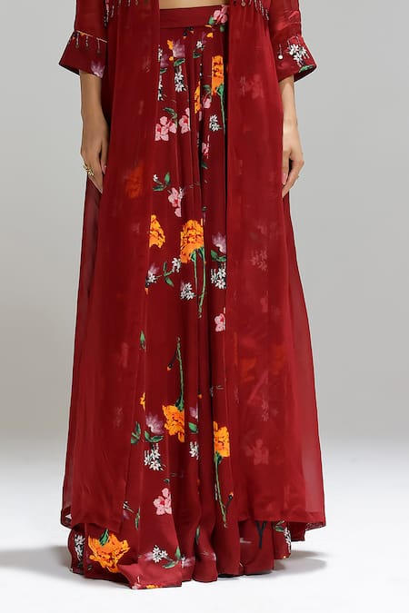 Shop_Studio Surbhi_Maroon Georgette, Satin, Organza Garden Print Jacket And Kalidar Skirt Set _Online_at_Aza_Fashions