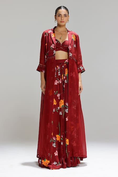 Studio Surbhi_Maroon Georgette, Satin, Organza Garden Print Jacket And Kalidar Skirt Set _at_Aza_Fashions
