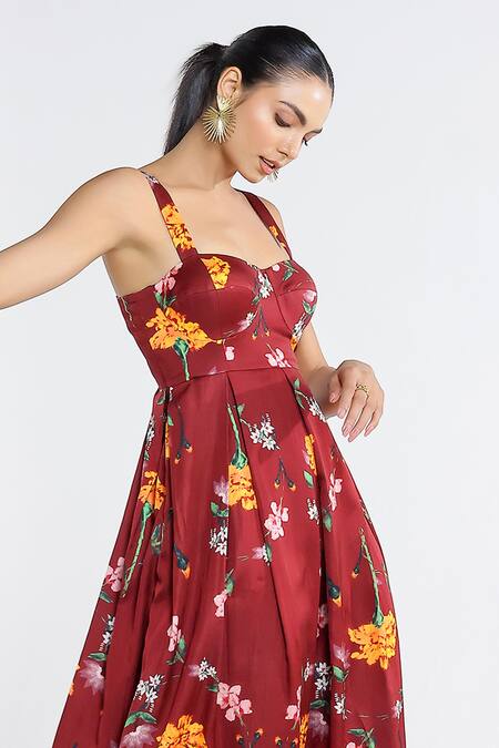 Studio Surbhi_Maroon Cotton, Silk Scoop Neck Garden Pattern Dress _Online_at_Aza_Fashions