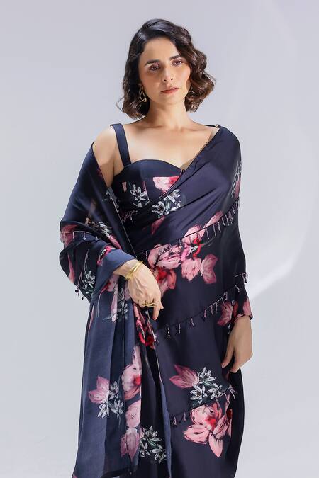 Studio Surbhi_Black Georgette, Satin Embroidery Flower Pattern Pre-draped Saree With Bustier _Online_at_Aza_Fashions