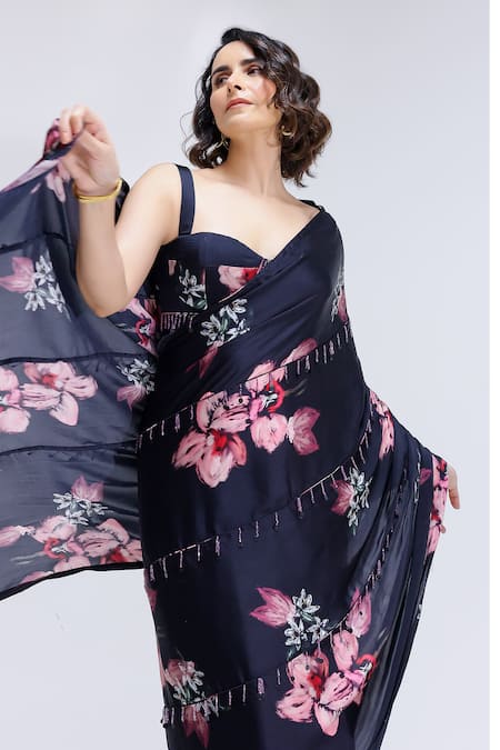 Buy_Studio Surbhi_Black Georgette, Satin Embroidery Flower Pattern Pre-draped Saree With Bustier _Online_at_Aza_Fashions