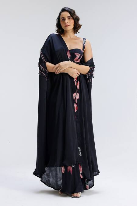 Studio Surbhi_Black Georgette, Satin Beads, Embroidery Embellished Shrug And Draped Skirt Set _Online_at_Aza_Fashions