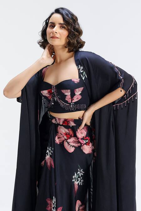 Shop Studio Surbhi Black Georgette, Satin Beads, Embroidery Embellished Shrug And Draped Skirt Set Online at Aza Fashions Shop_Studio Surbhi_Black Georgette, Satin Beads, Embroidery Embellished Shrug And Draped Skirt Set _Online_at_Aza_Fashions